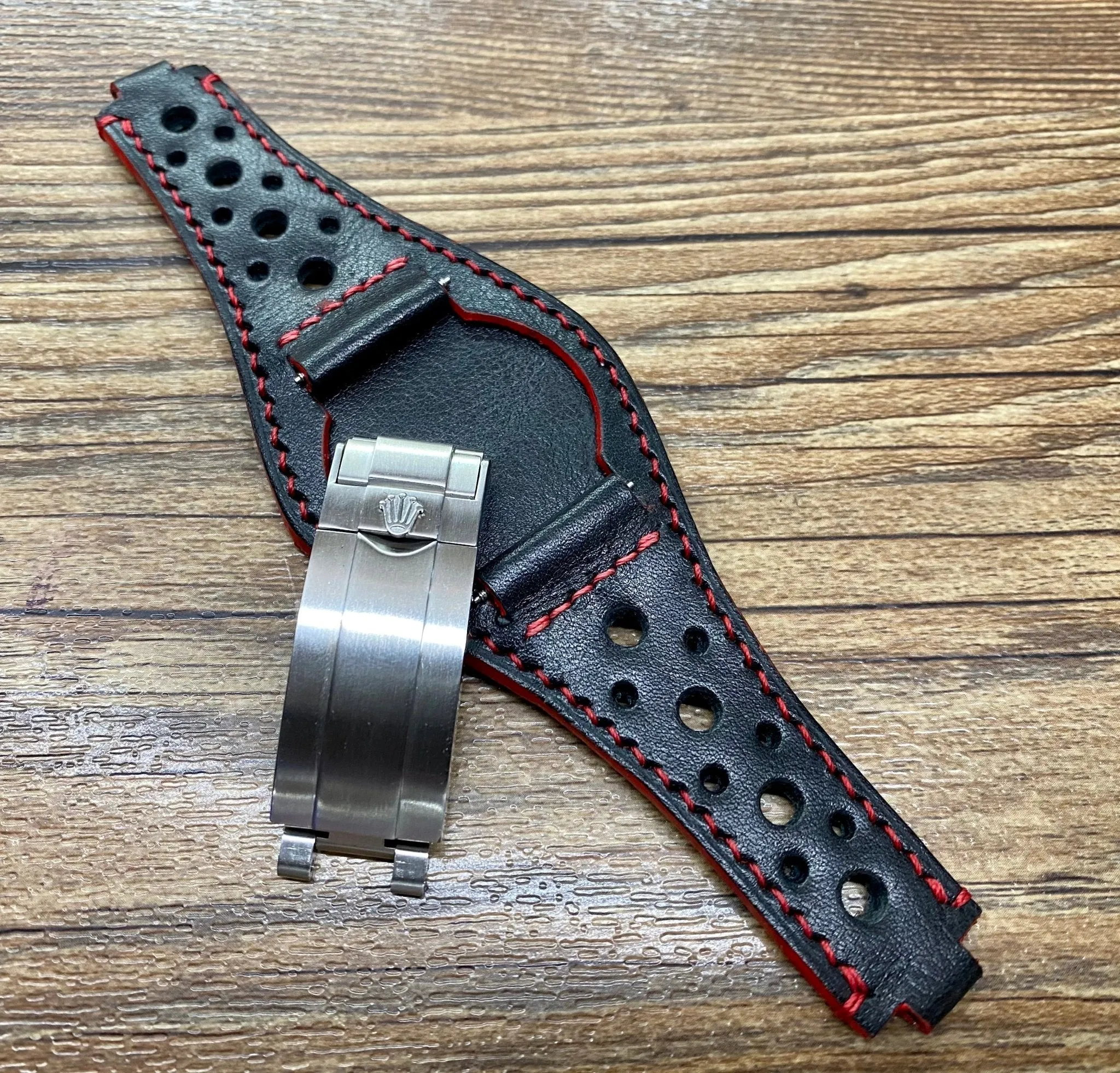 Leather Racing watch Straps 20mm with Deployant Clasp & Red Stitching, Full Bund Straps in 20mm, 19mm Black Rally Watch Band, Cuff Watch straps