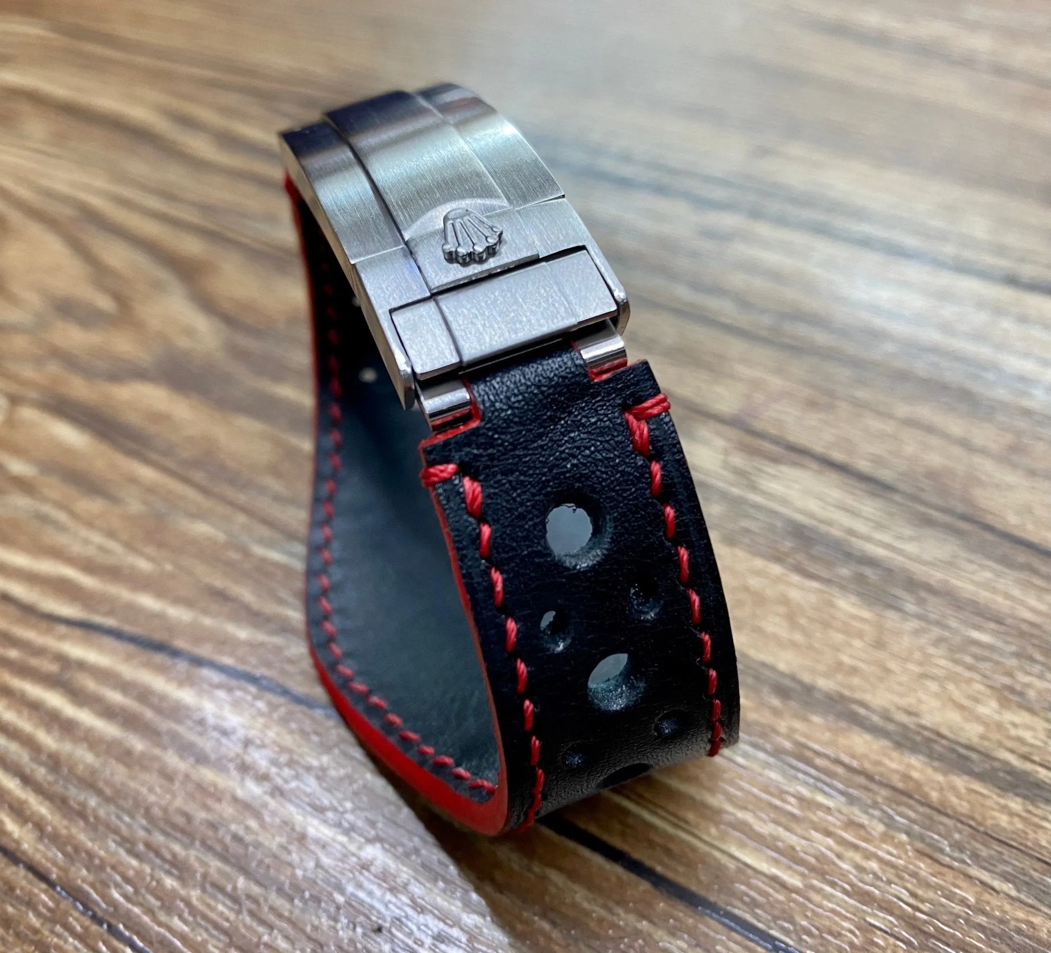 Leather Racing watch Straps 20mm with Deployant Clasp & Red Stitching, Full Bund Straps in 20mm, 19mm Black Rally Watch Band, Cuff Watch straps