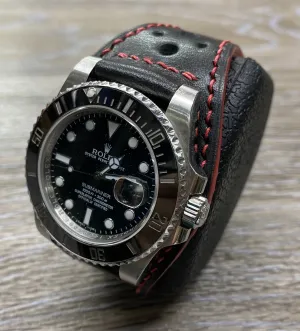 Leather Racing watch Straps 20mm with Deployant Clasp & Red Stitching, Full Bund Straps in 20mm, 19mm Black Rally Watch Band, Cuff Watch straps
