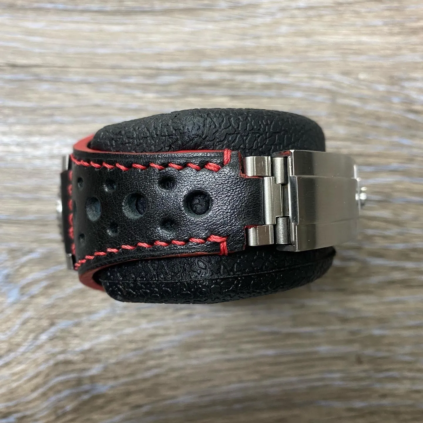 Leather Racing watch Straps 20mm with Deployant Clasp & Red Stitching, Full Bund Straps in 20mm, 19mm Black Rally Watch Band, Cuff Watch straps