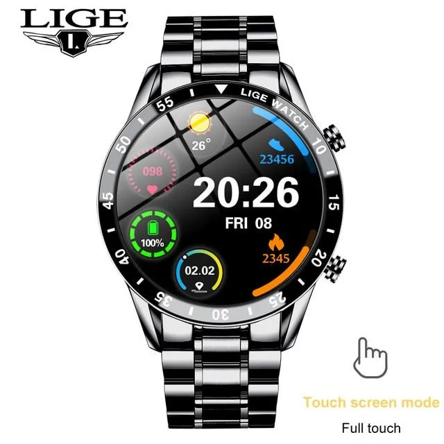 LIGE Fashion Full Circle Touch Screen Mens Smart Watch Waterproof Sport Fitness Watch Luxury Bluetooth Phone Smart Watch For Men