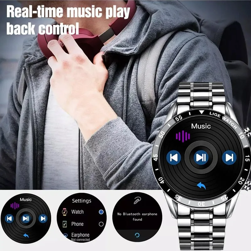 LIGE Fashion Full Circle Touch Screen Mens Smart Watch Waterproof Sport Fitness Watch Luxury Bluetooth Phone Smart Watch For Men
