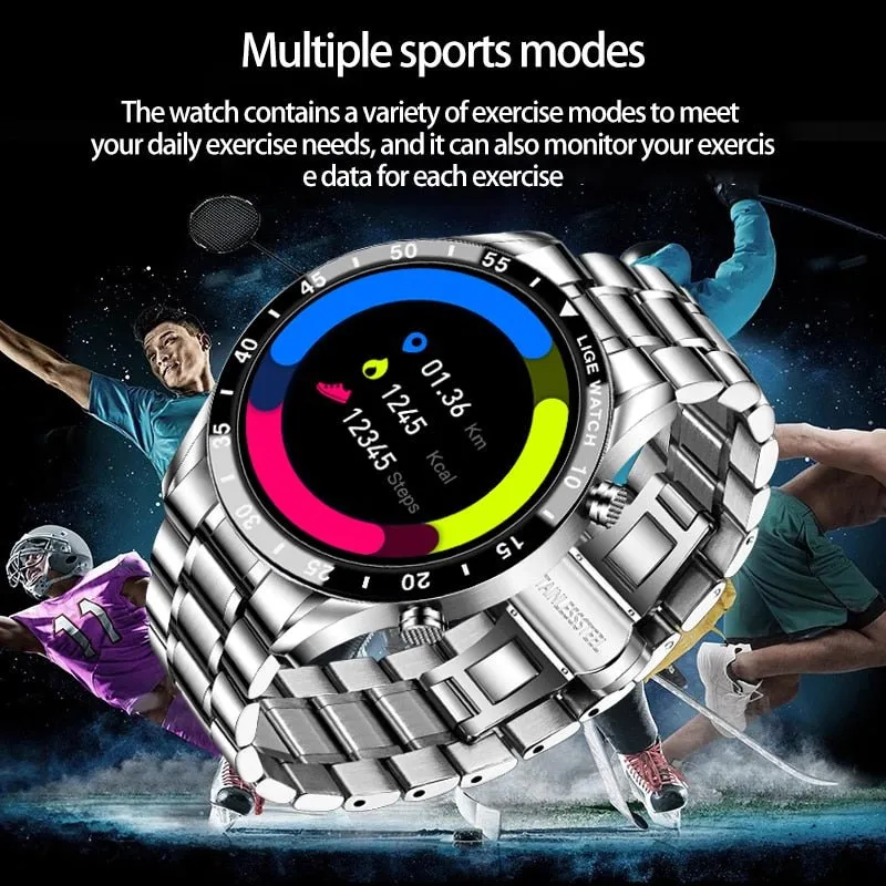 LIGE Fashion Full Circle Touch Screen Mens Smart Watch Waterproof Sport Fitness Watch Luxury Bluetooth Phone Smart Watch For Men