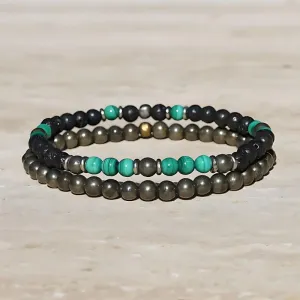 Malachite Lava and Pyrite Mens Bracelet Set