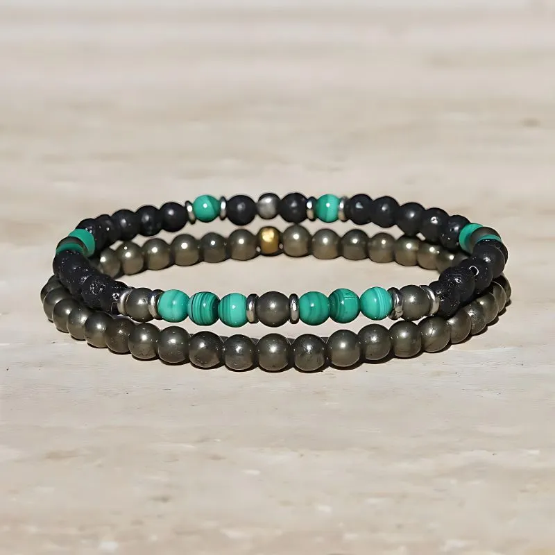 Malachite Lava and Pyrite Mens Bracelet Set