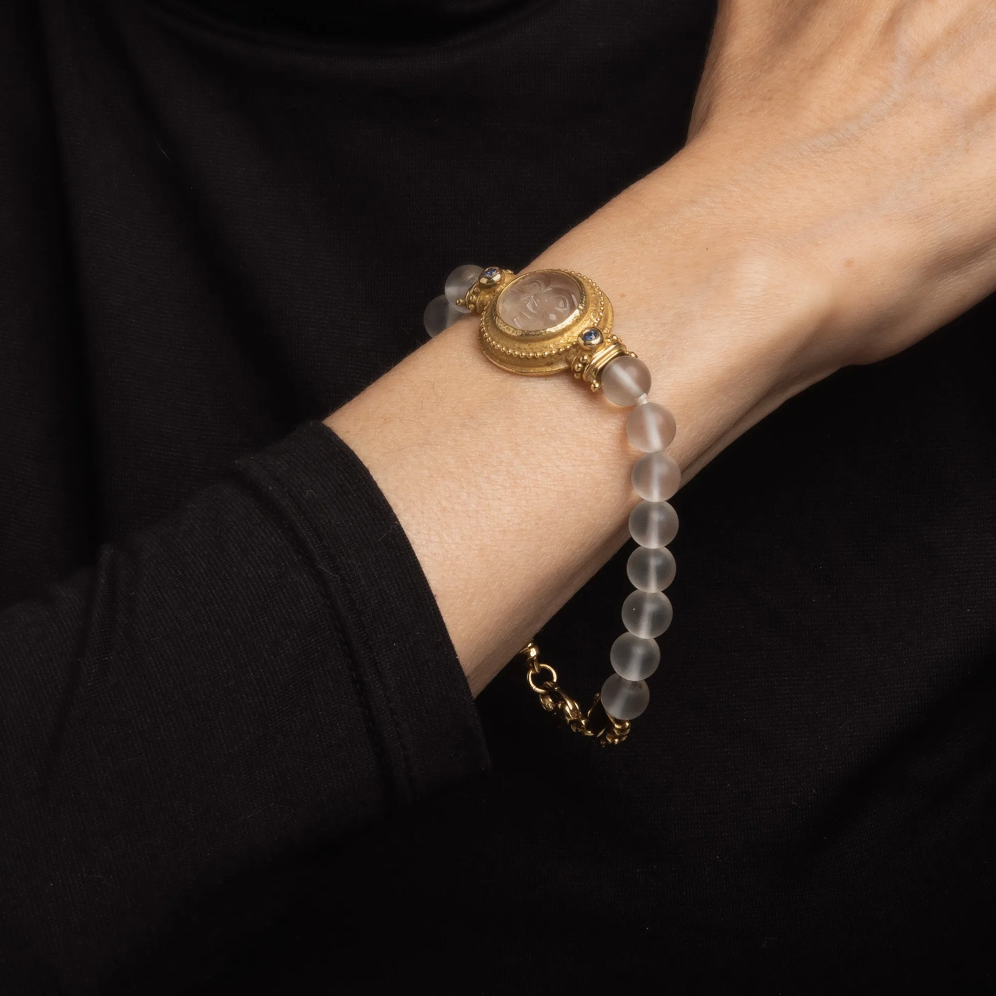 Man in the Moon Bracelet Rock Crystal Vintage 18k Yellow Gold 7.5" Fine Jewelry