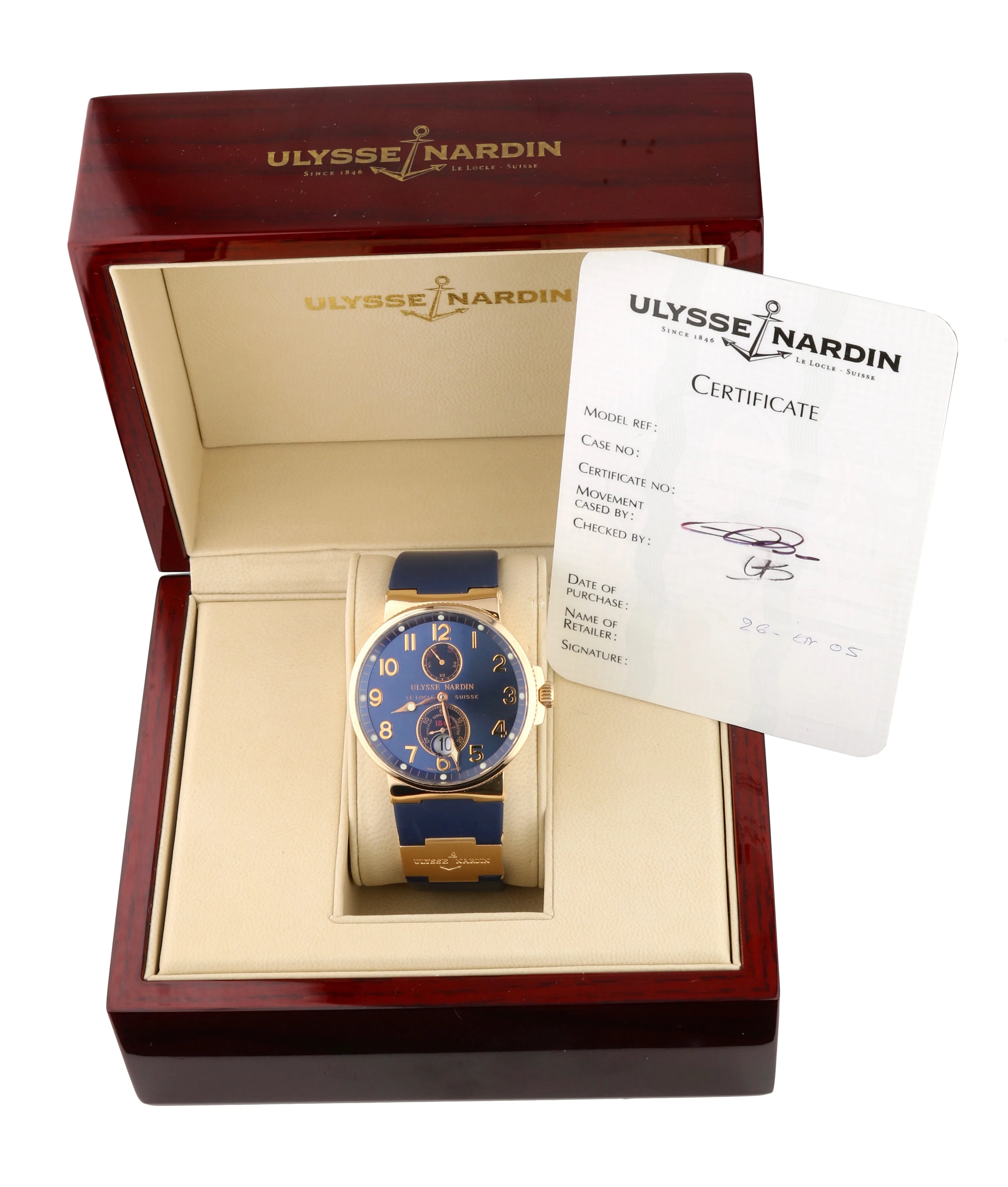 Men's Ulysse Nardin Maxi Marine 18K Rose Gold Blue Rubber 41mm 266-66 Watch