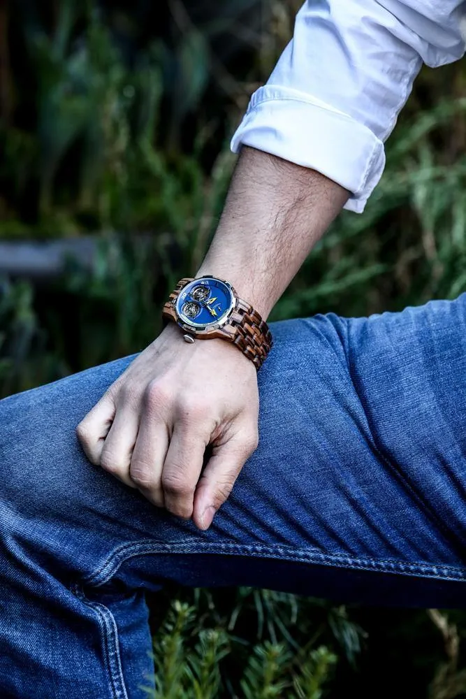 Men's Wood Watch Dual Wheel Automatic Zebra