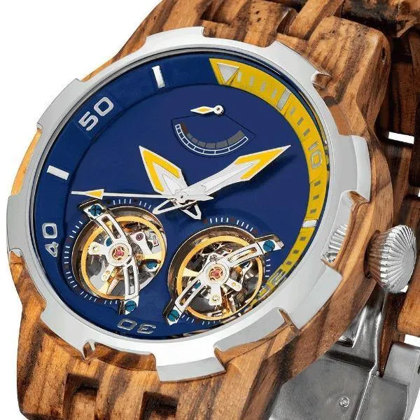 Men's Wood Watch Dual Wheel Automatic Zebra