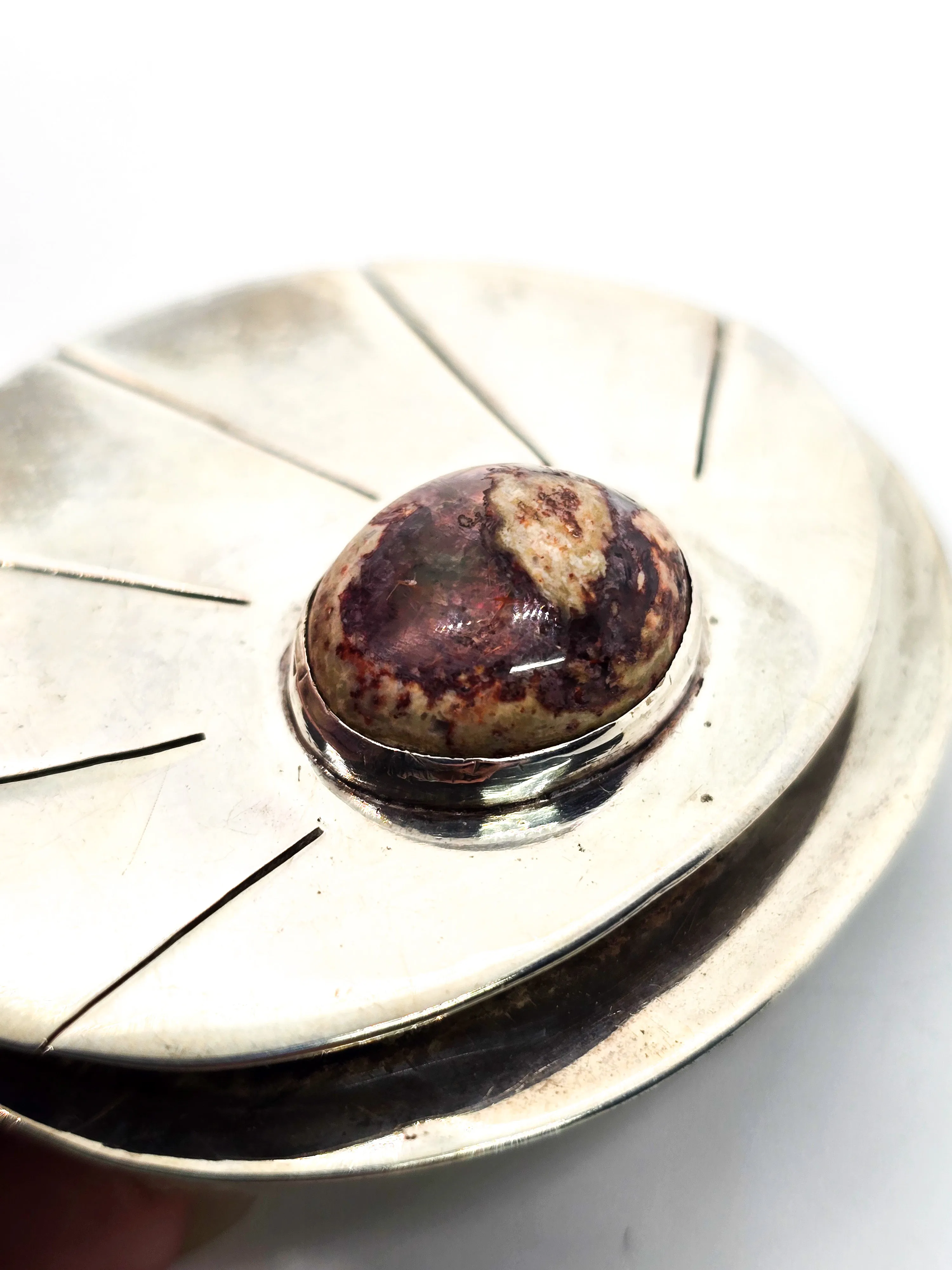 Mexican Fire Opal Modernist crafted sterling silver heavy pendant brooch
