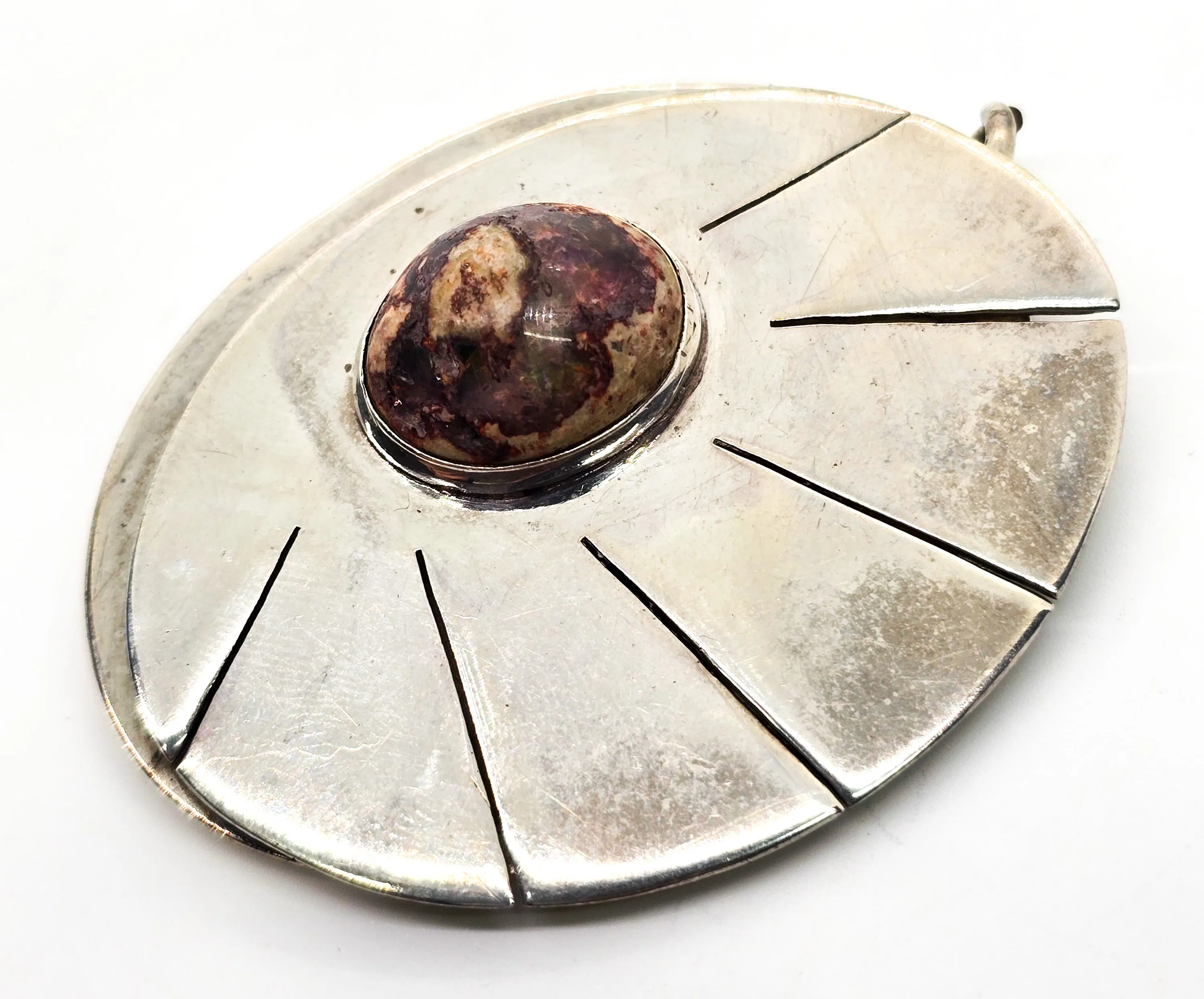 Mexican Fire Opal Modernist crafted sterling silver heavy pendant brooch