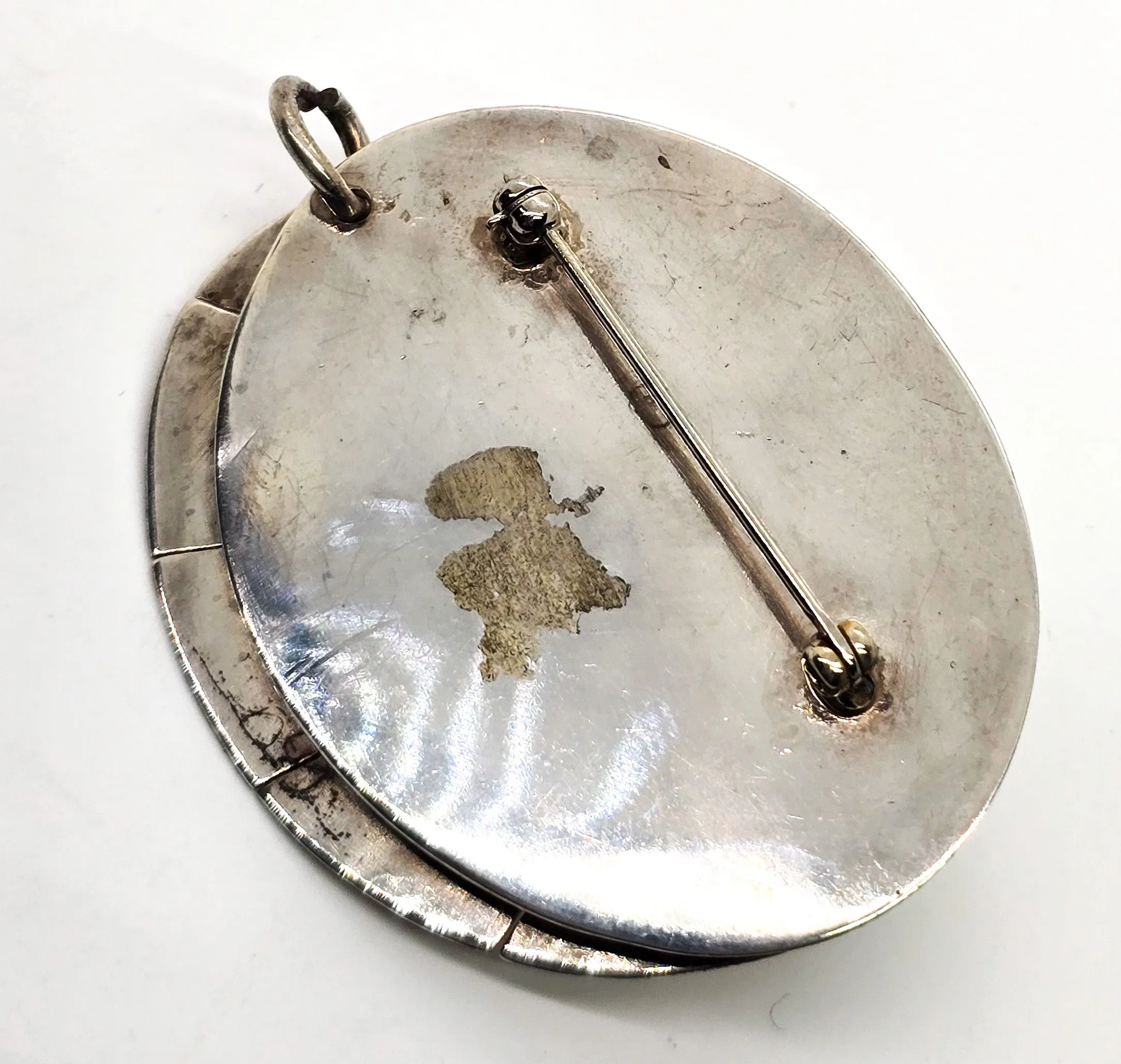 Mexican Fire Opal Modernist crafted sterling silver heavy pendant brooch