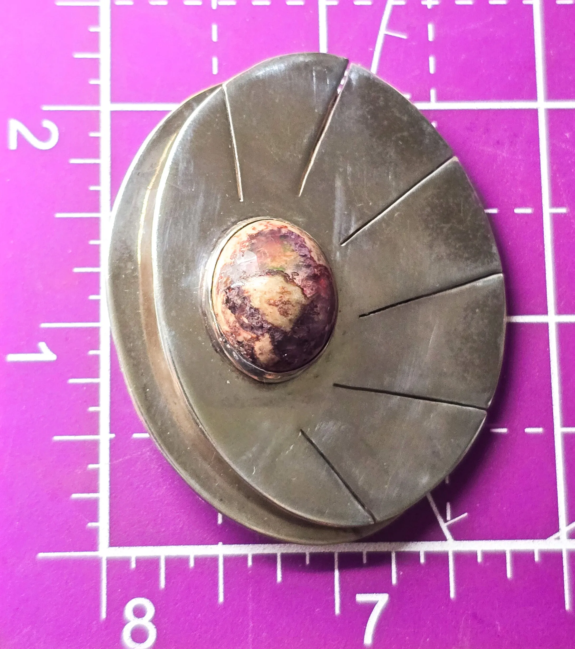 Mexican Fire Opal Modernist crafted sterling silver heavy pendant brooch
