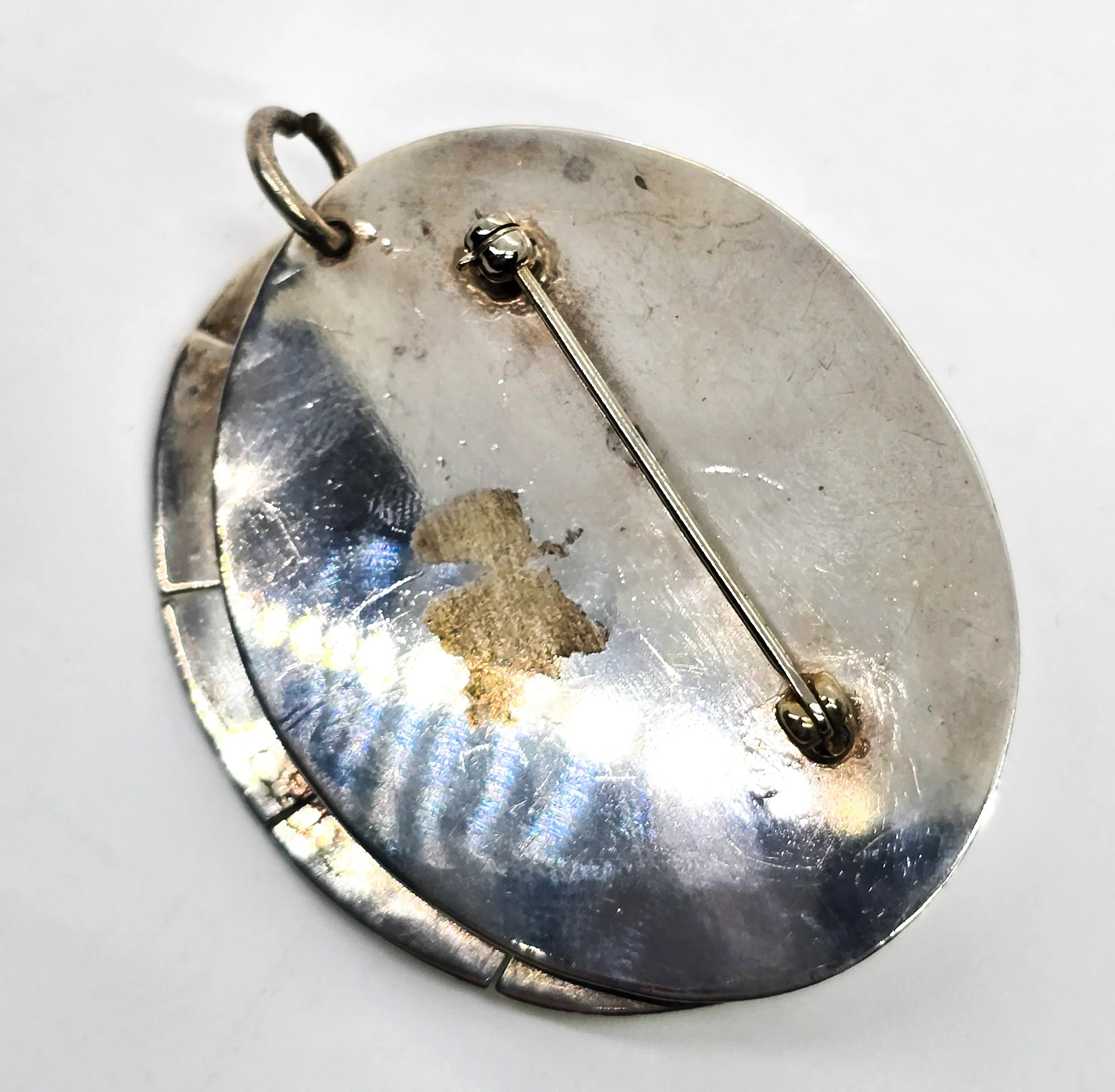 Mexican Fire Opal Modernist crafted sterling silver heavy pendant brooch