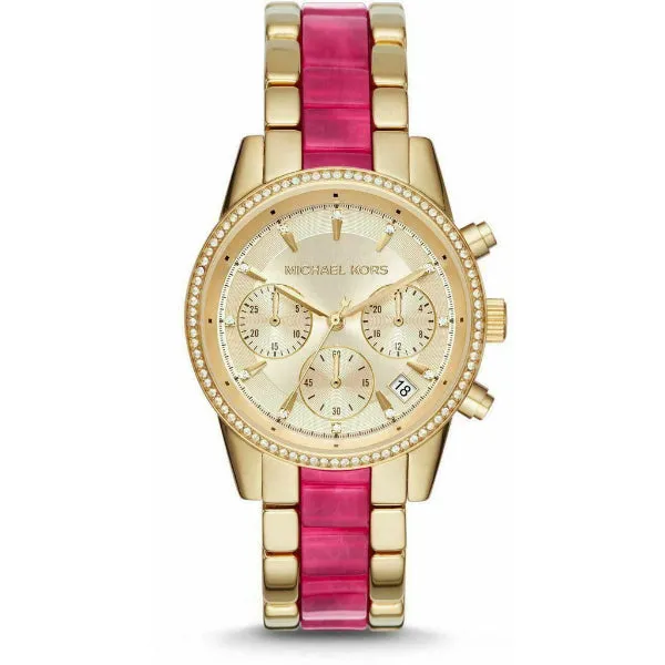 Michael Kors Ritz Two-Tone Stainless Steel Gold Dial Chronograph Quartz Watch for Ladies - MK6517