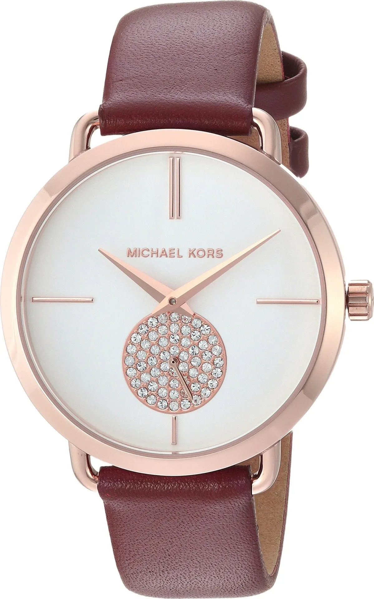 Michael Kors Women's Portia Watch Stainless Steel Analog-Quartz Leather Calfskin Strap, red, 16 (Model: MK2711)