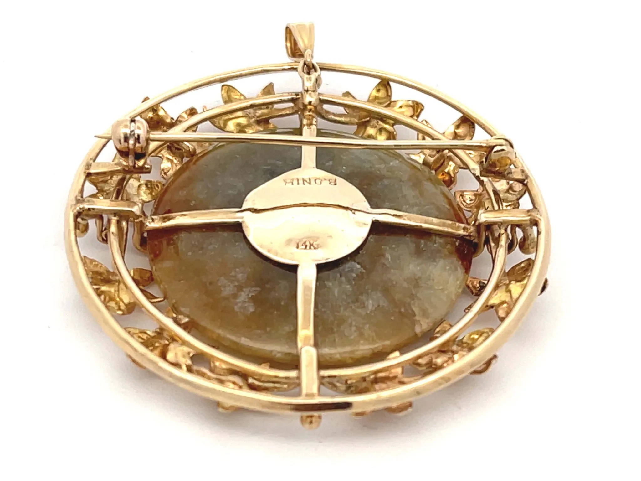 Mings Brown and Green Round Jade Brooch/Pendant in 14k Yellow Gold