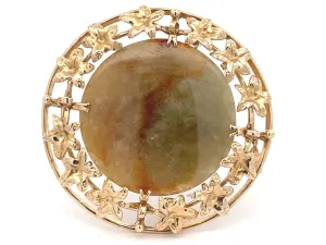 Mings Brown and Green Round Jade Brooch/Pendant in 14k Yellow Gold