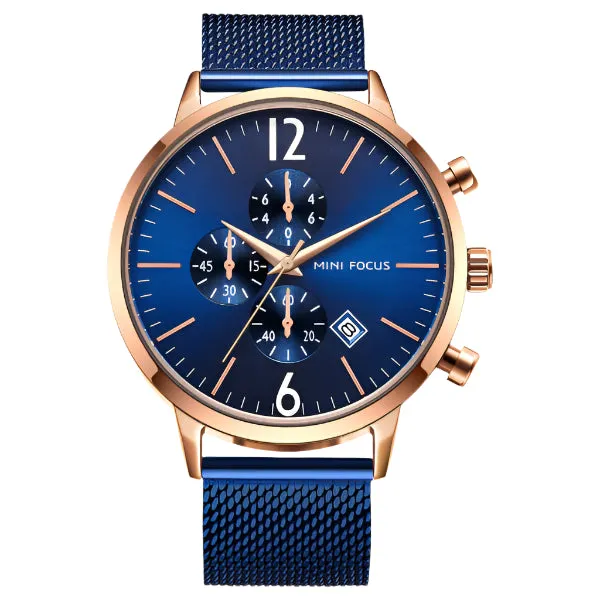 Mini Focus Blue Mesh Bracelet Blue Dial Chronograph Quartz Watch for Gents - MF0185G-02