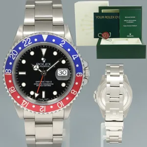MINT 2001 Rolex GMT-Master II 2 Pepsi Blue Red Steel 16710 Watch Black Watch Box