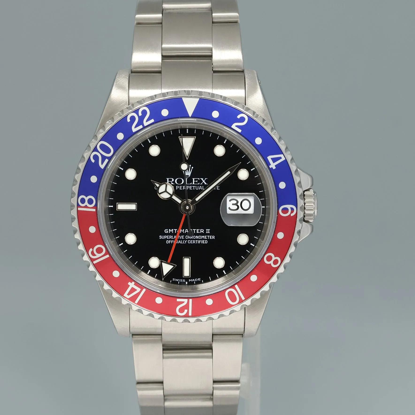 MINT 2001 Rolex GMT-Master II 2 Pepsi Blue Red Steel 16710 Watch Black Watch Box