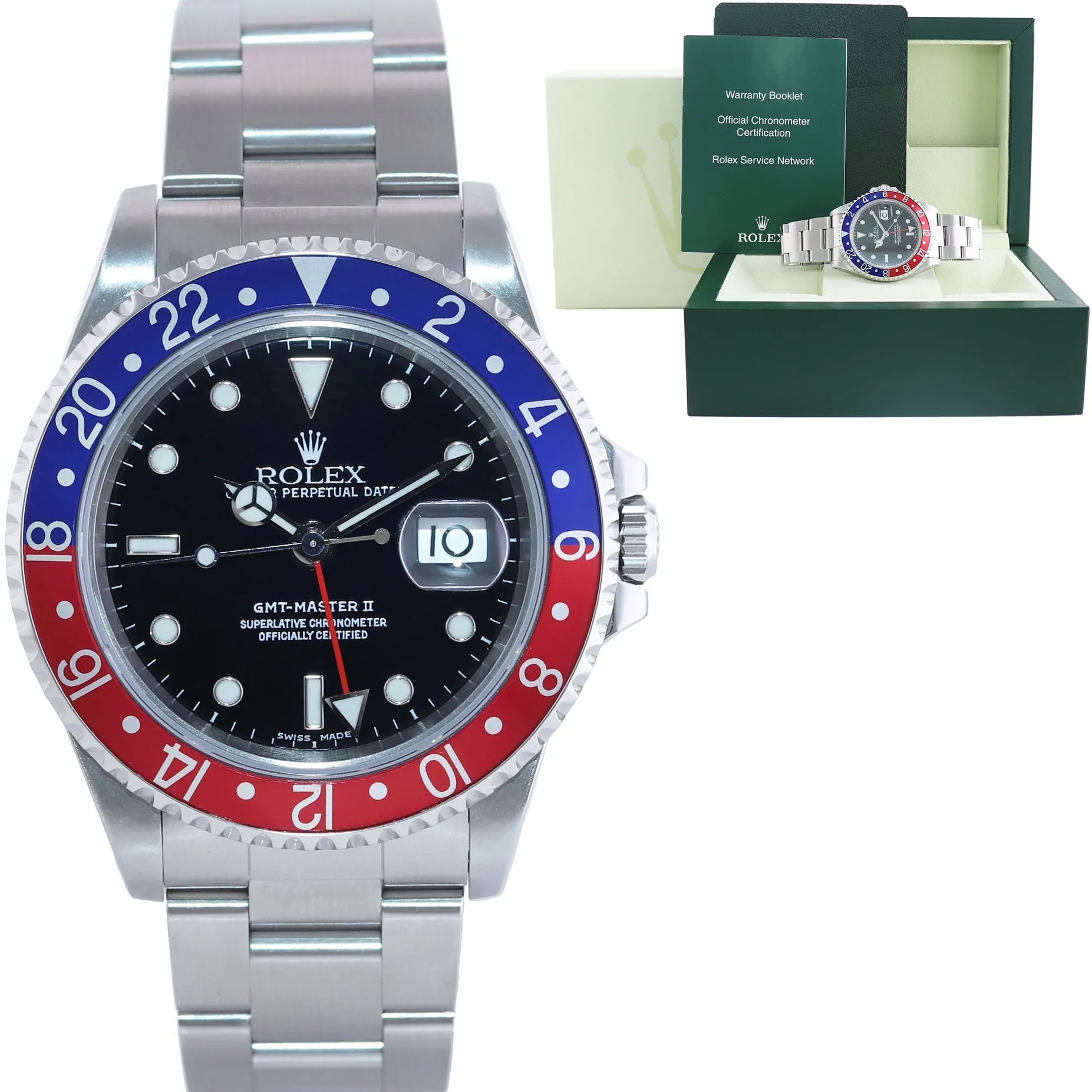 MINT 2002 Rolex GMT-Master 2 II Pepsi Blue Red Steel  16710 40mm Watch Box