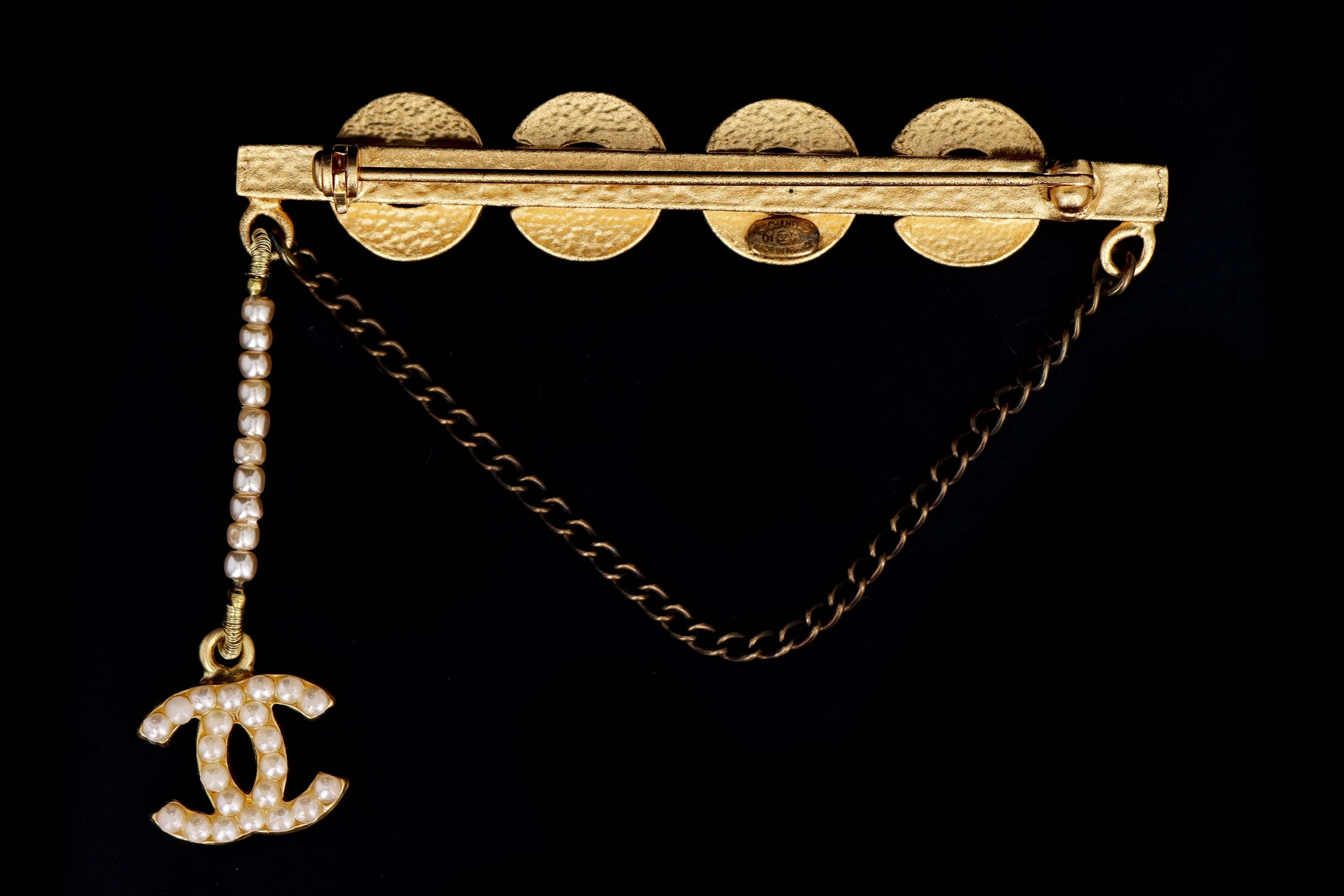 Modern Chanel "COCO" Pearl A Gold Bar Brooch  with Chain and Charm