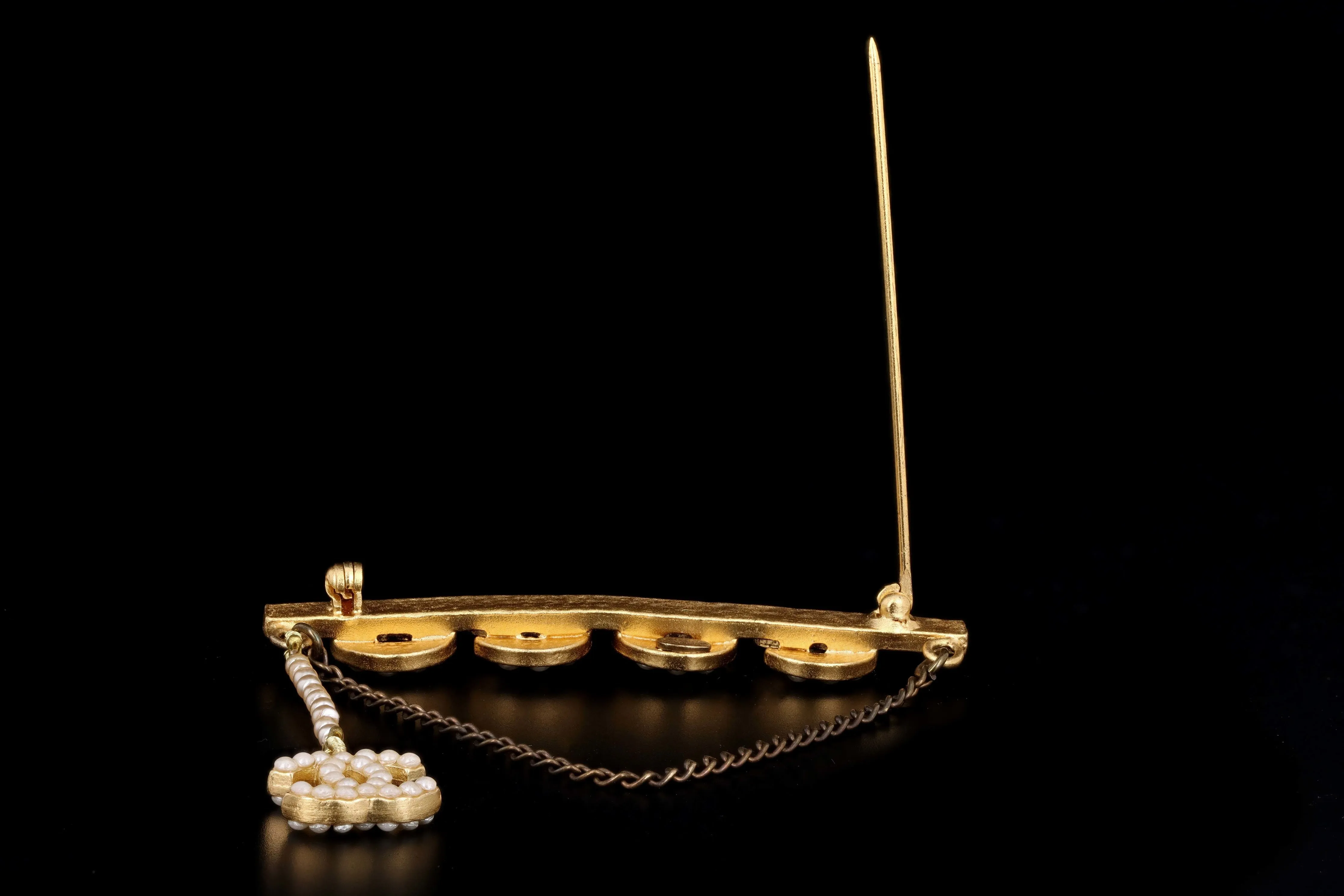 Modern Chanel "COCO" Pearl A Gold Bar Brooch  with Chain and Charm