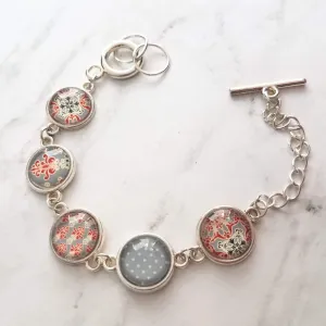 Moroccan Bracelet - silver glass charm disk bezel - grey/orange red fancy swirl damask gray polka dot print toggle clasp - gift for her