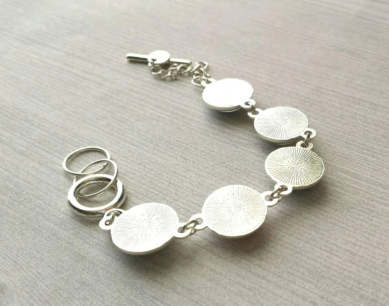 Moroccan Bracelet - silver glass charm disk bezel - grey/orange red fancy swirl damask gray polka dot print toggle clasp - gift for her