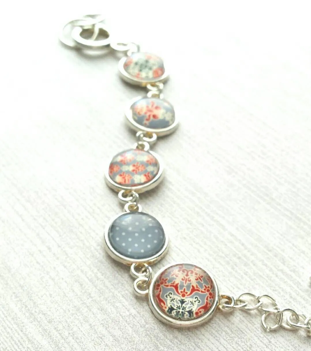 Moroccan Bracelet - silver glass charm disk bezel - grey/orange red fancy swirl damask gray polka dot print toggle clasp - gift for her