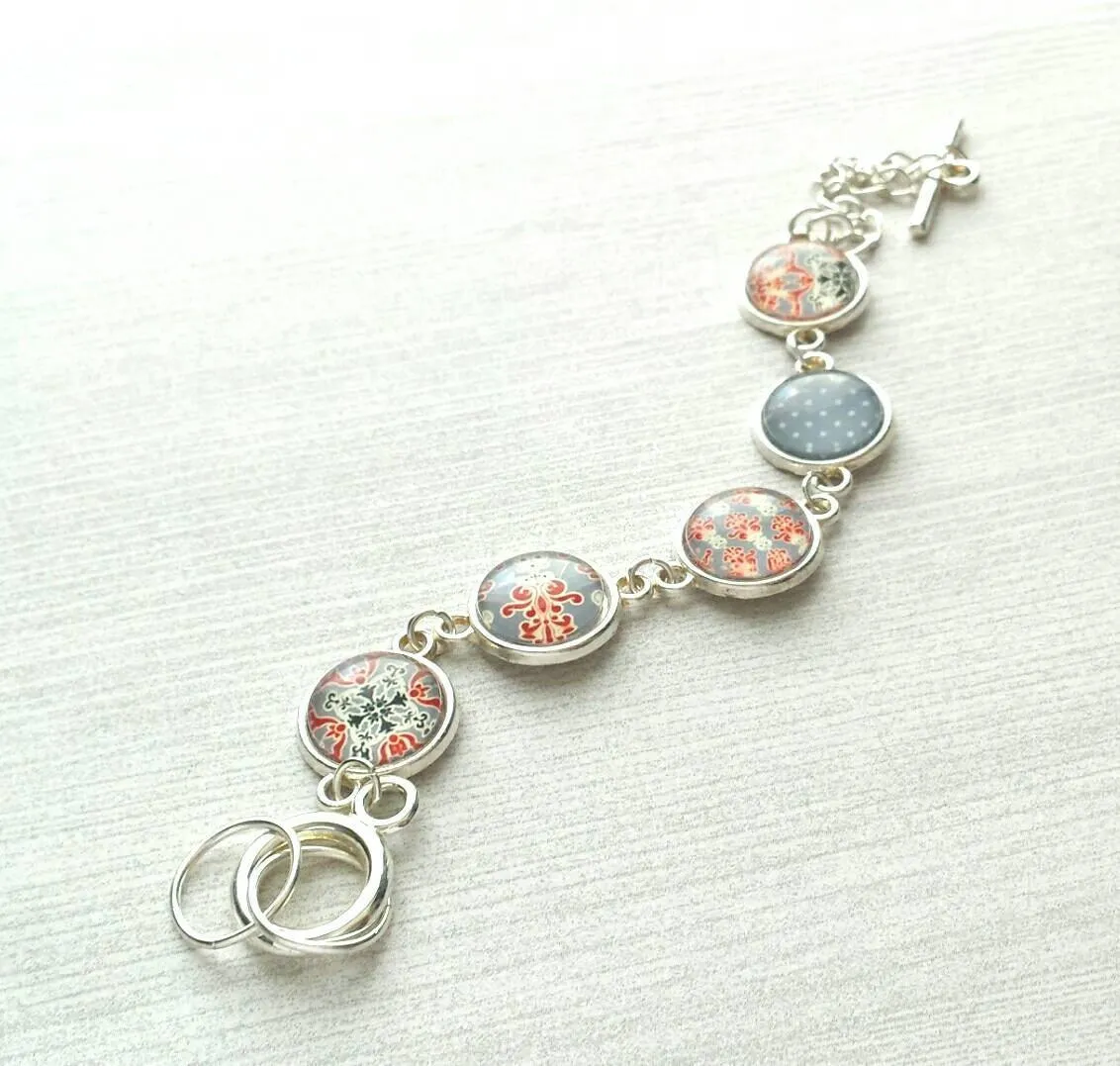 Moroccan Bracelet - silver glass charm disk bezel - grey/orange red fancy swirl damask gray polka dot print toggle clasp - gift for her