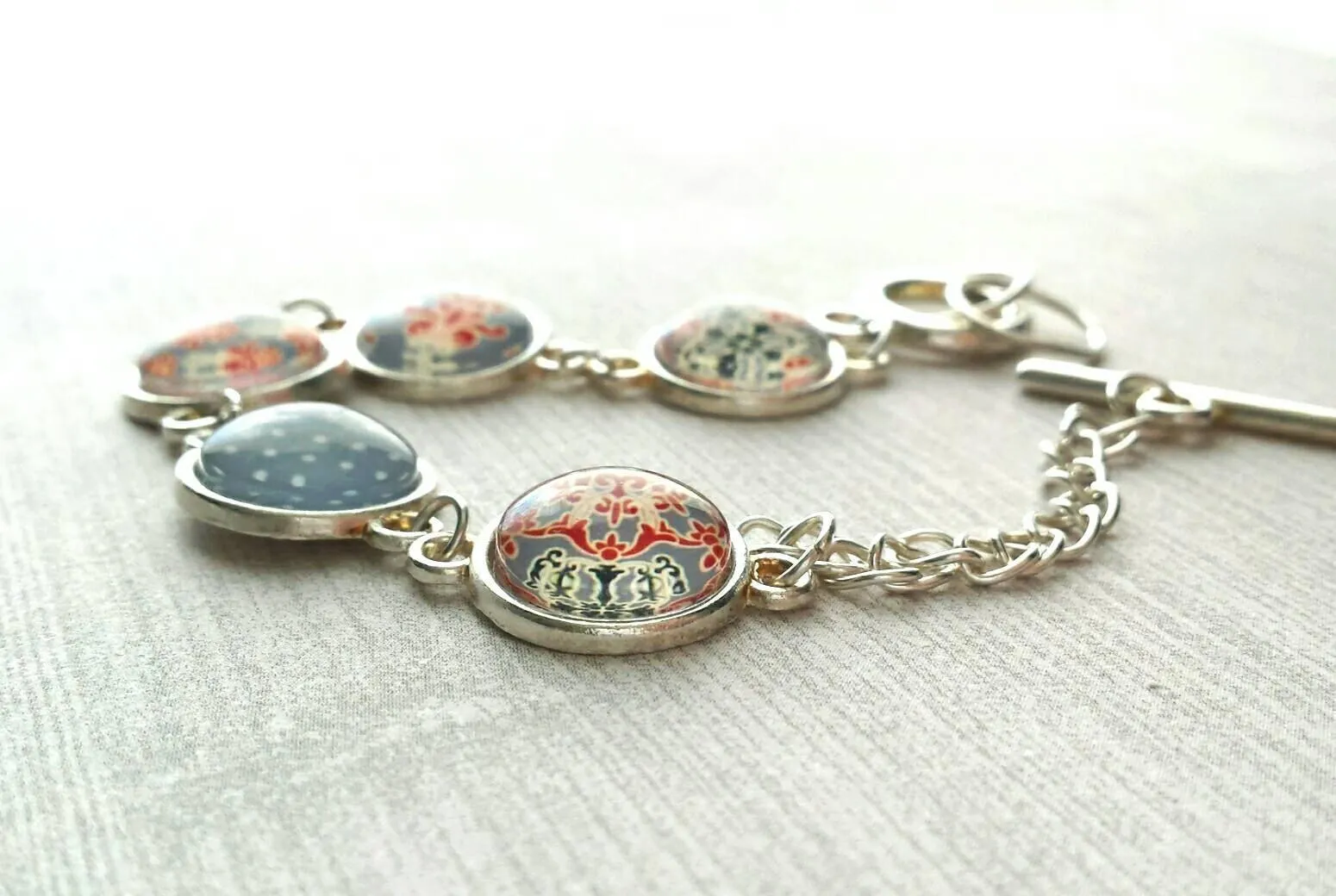 Moroccan Bracelet - silver glass charm disk bezel - grey/orange red fancy swirl damask gray polka dot print toggle clasp - gift for her