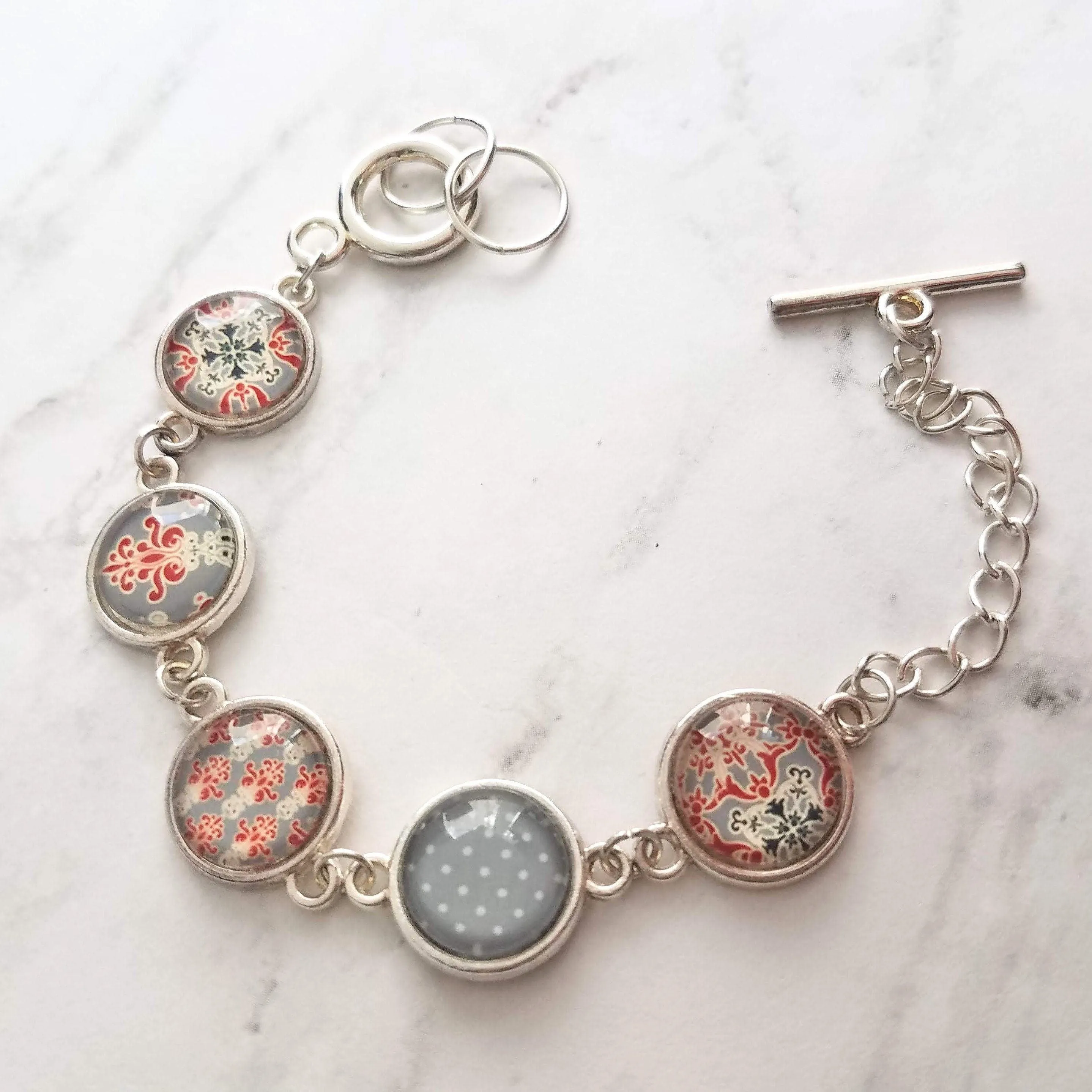Moroccan Bracelet - silver glass charm disk bezel - grey/orange red fancy swirl damask gray polka dot print toggle clasp - gift for her