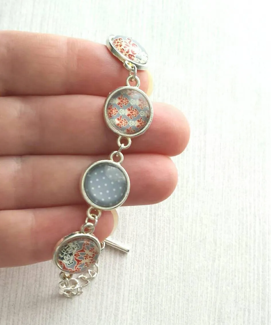 Moroccan Bracelet - silver glass charm disk bezel - grey/orange red fancy swirl damask gray polka dot print toggle clasp - gift for her