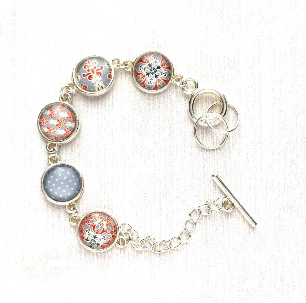 Moroccan Bracelet - silver glass charm disk bezel - grey/orange red fancy swirl damask gray polka dot print toggle clasp - gift for her