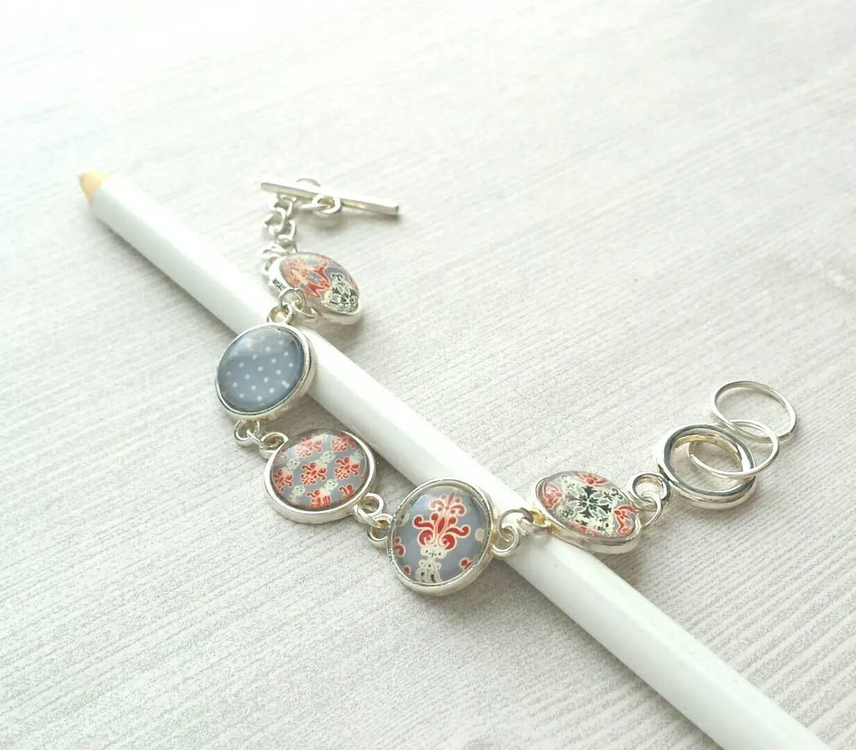 Moroccan Bracelet - silver glass charm disk bezel - grey/orange red fancy swirl damask gray polka dot print toggle clasp - gift for her
