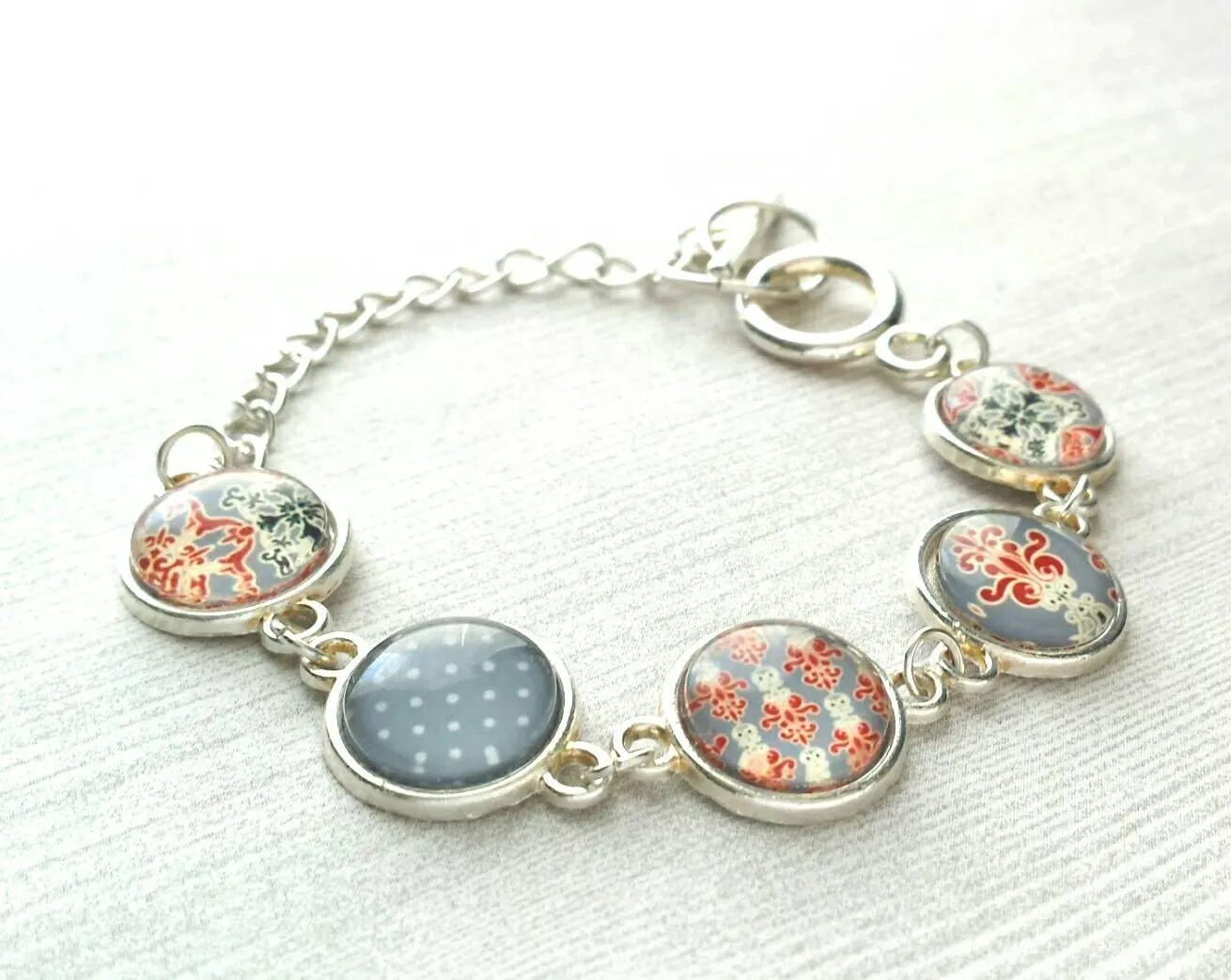 Moroccan Bracelet - silver glass charm disk bezel - grey/orange red fancy swirl damask gray polka dot print toggle clasp - gift for her