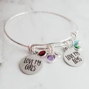 Mother's Bracelet, birthstone bracelet, LOVE my GIRLS BOYS, children bracelet, child charm, family bracelet, grandma nana noni mom bangle