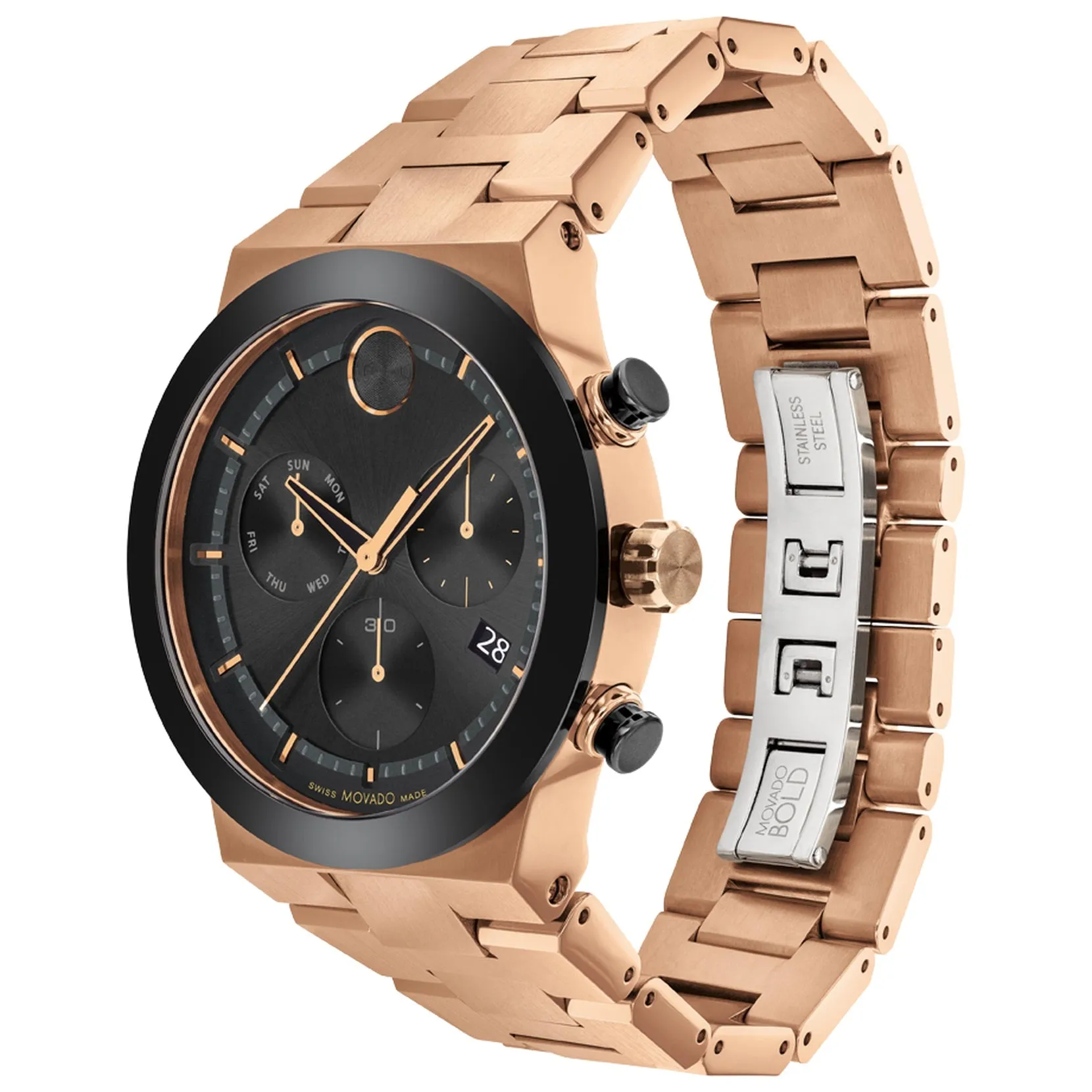 Movado Bold Fusion Mens Chronograph Bronze Tone Black Dial Watch