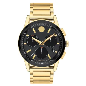 Movado Museum Sport Mens Gold Tone Chronograph Black Dial Watch