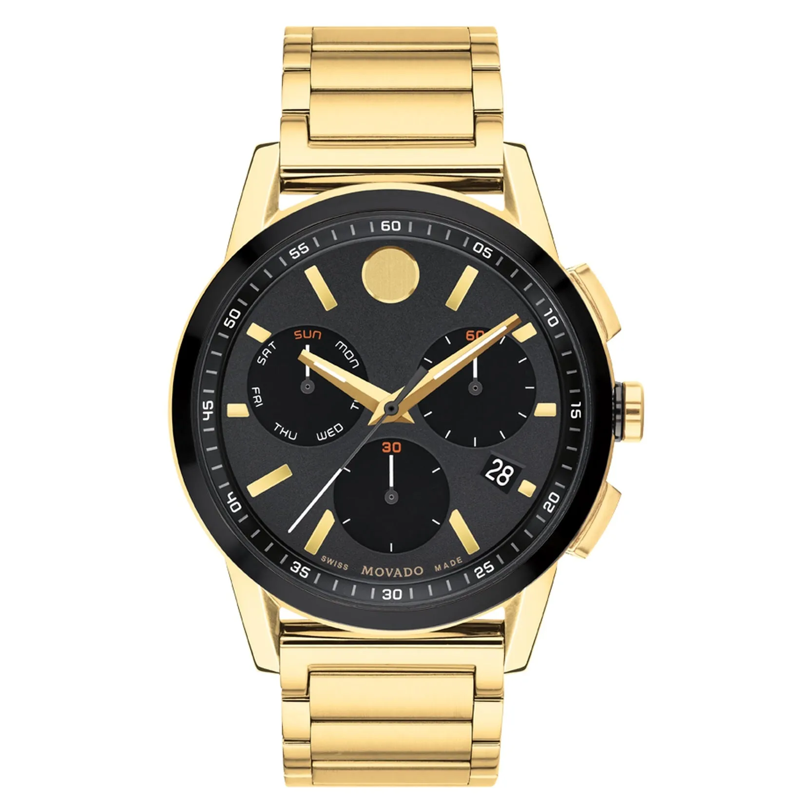 Movado Museum Sport Mens Gold Tone Chronograph Black Dial Watch