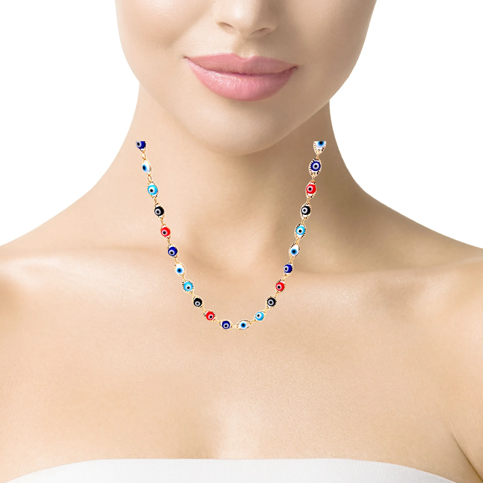 Multicolor Evil Eye Charms Necklace and Bracelet set 14k gold filled 18 inches