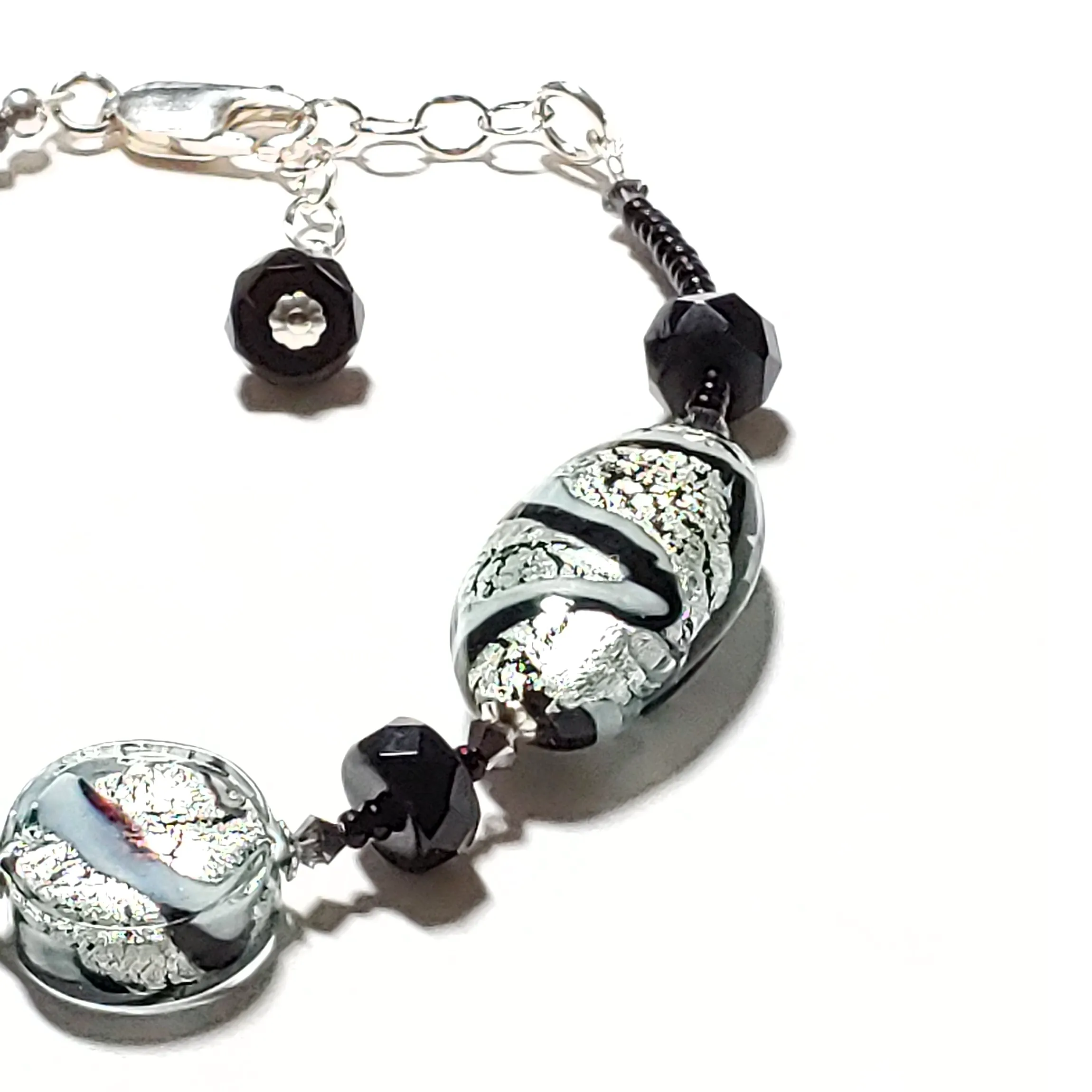 Murano Glass Black White Swirl Sterling Silver Bracelet - Adjustable 7.5-8.5 Inches - Murano Glass Jewelry