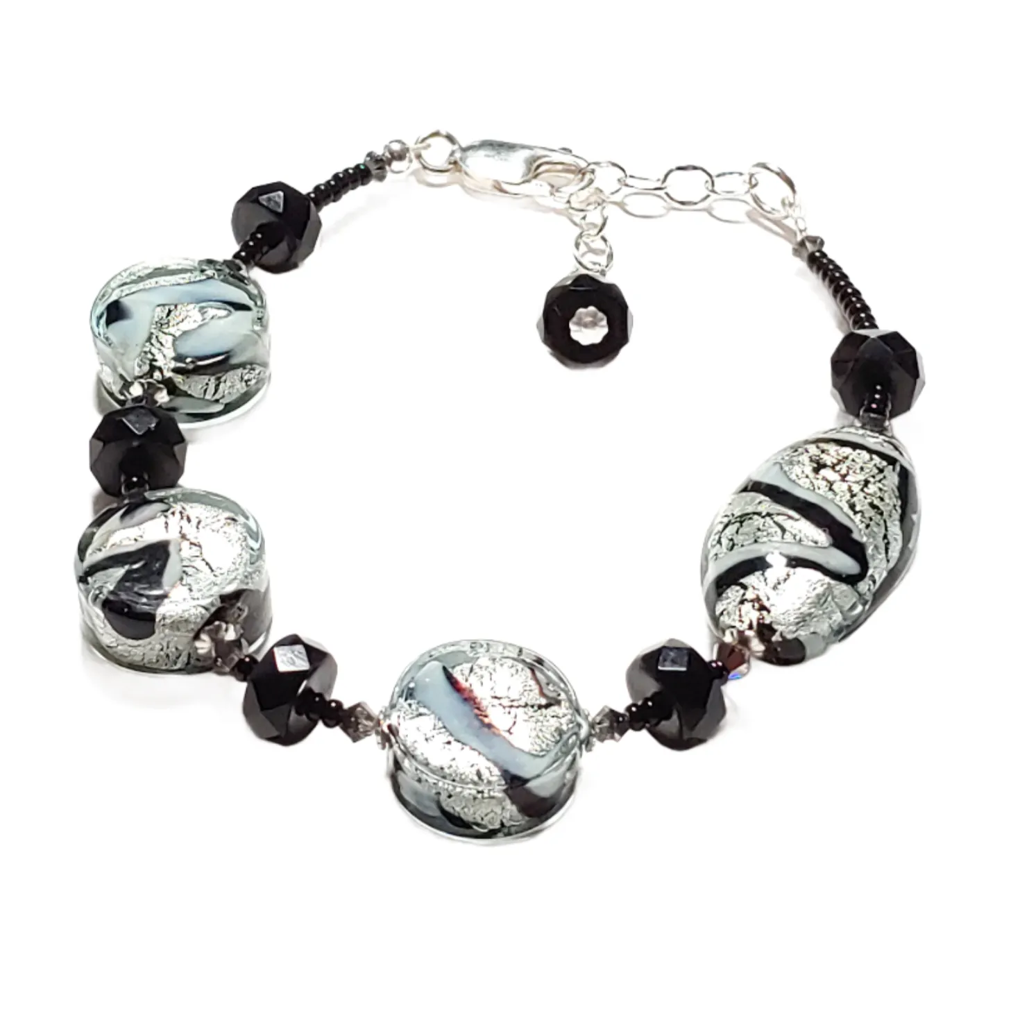 Murano Glass Black White Swirl Sterling Silver Bracelet - Adjustable 7.5-8.5 Inches - Murano Glass Jewelry
