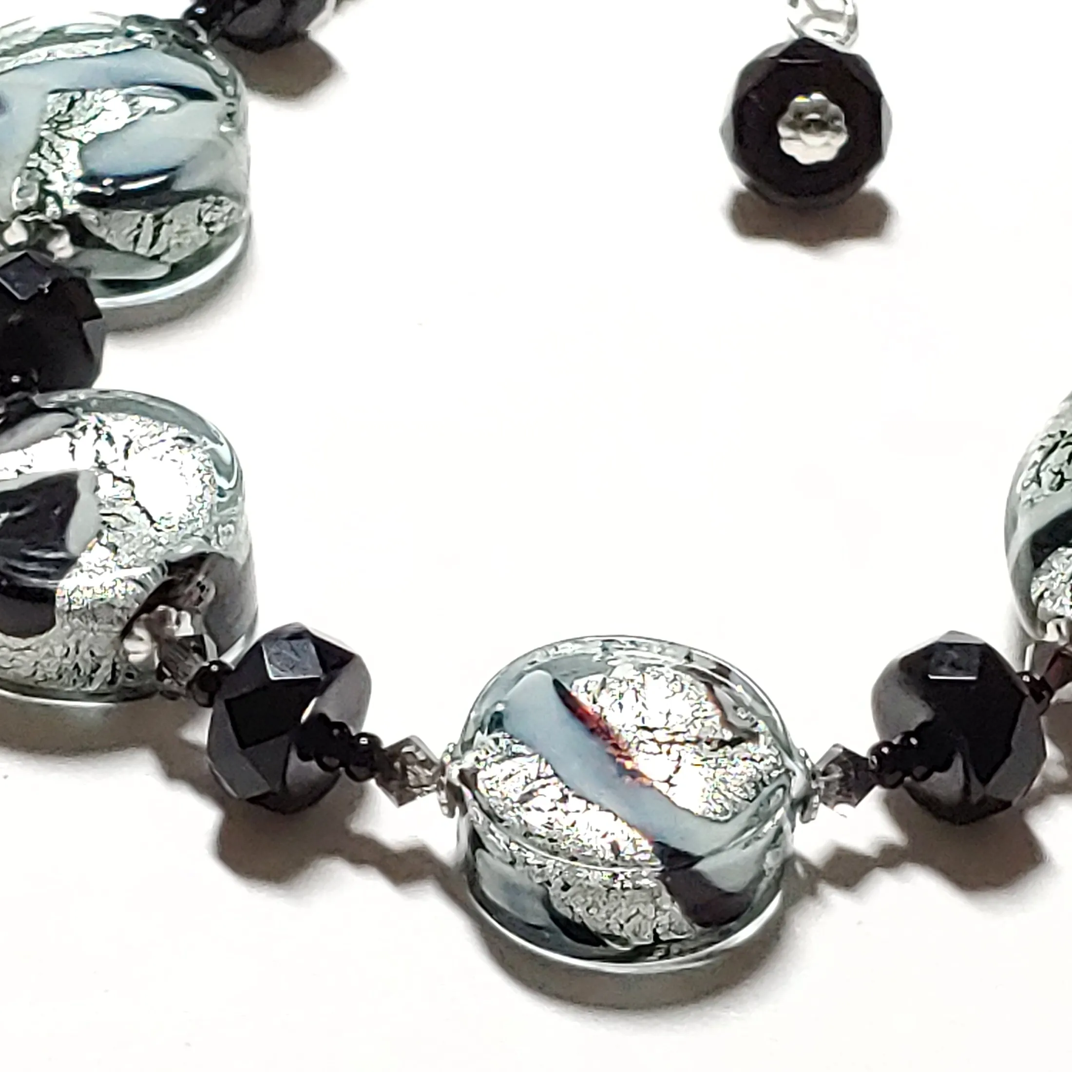 Murano Glass Black White Swirl Sterling Silver Bracelet - Adjustable 7.5-8.5 Inches - Murano Glass Jewelry