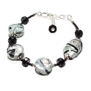 Murano Glass Black White Swirl Sterling Silver Bracelet - Adjustable 7.5-8.5 Inches - Murano Glass Jewelry
