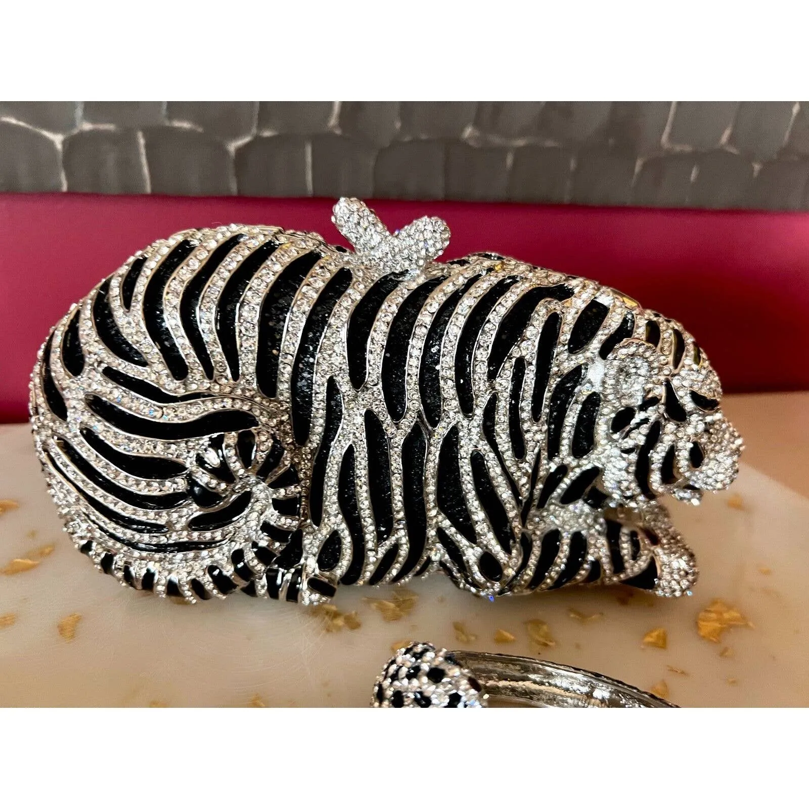 Natasha Tiger Crystal-Embellished Evening Clutch Minaudiere Bag NIB $398  MORE!