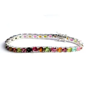 Natural Multi Tourmaline Wedding Gift Bracelet For Women Unique 925 Sterling Silver Bracelet For Her