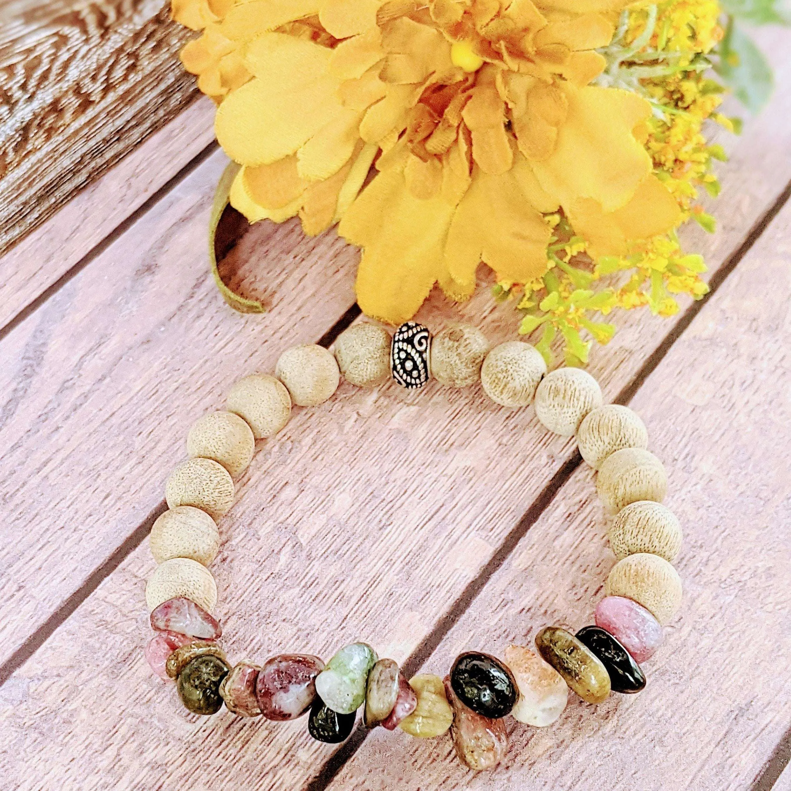 Natural Rainbow Tourmaline Gemstone Nugget Diffuser-Optimism Bracelet-OCTOBER BIRTHSTONE